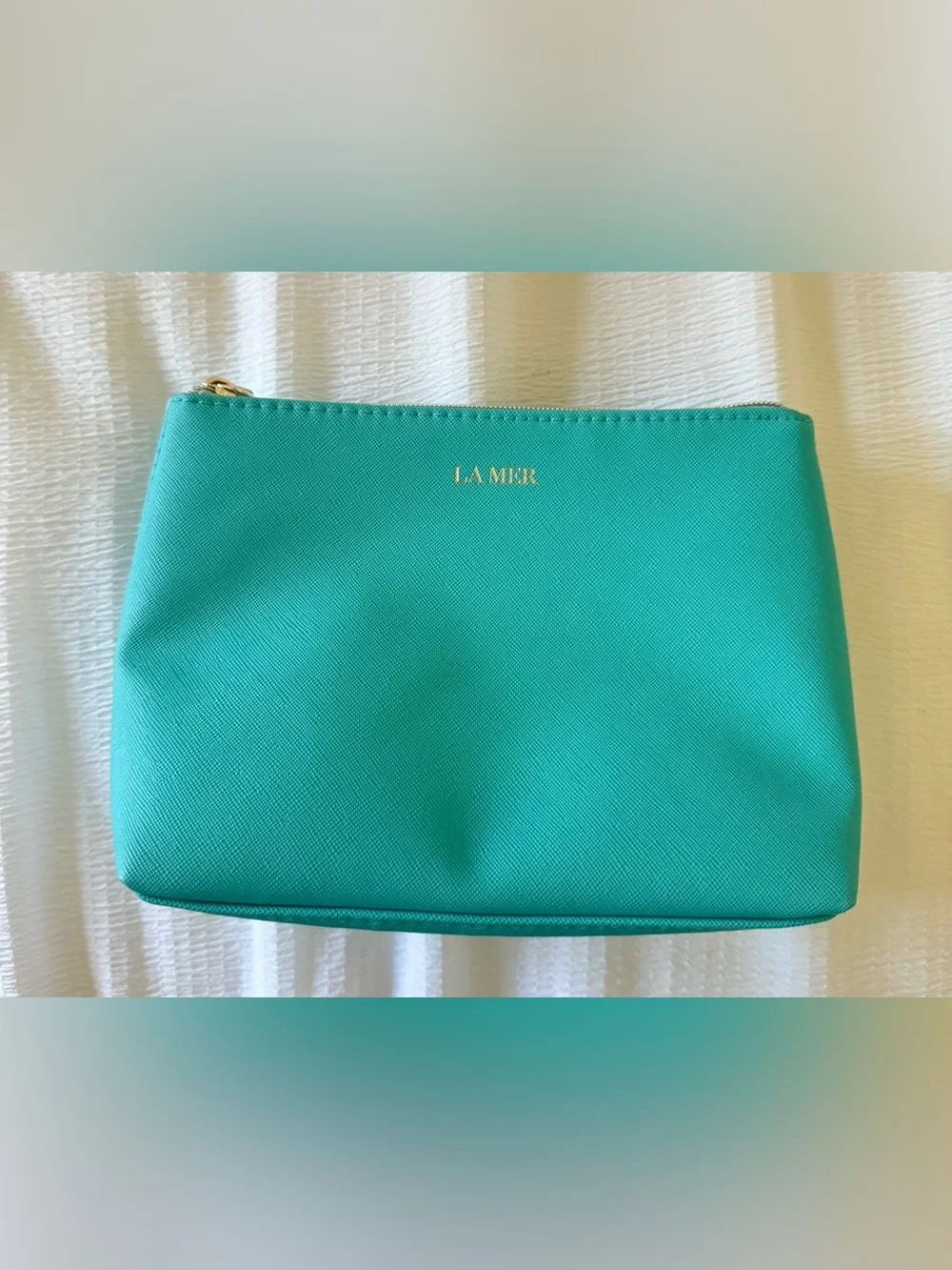 La Mer Teal Blue Green Faux Leather Cosmetic Bag Makeup Bag Travel Case